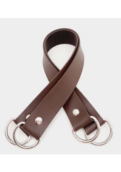 Kahverengi Deri 38X2.5 cm Çift Çanta Sapı Gümüş Metalli