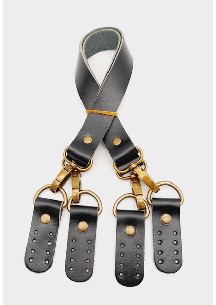 Siyah Gerçek Deri 55 cm Çift Sap Misu Model Antik Metal