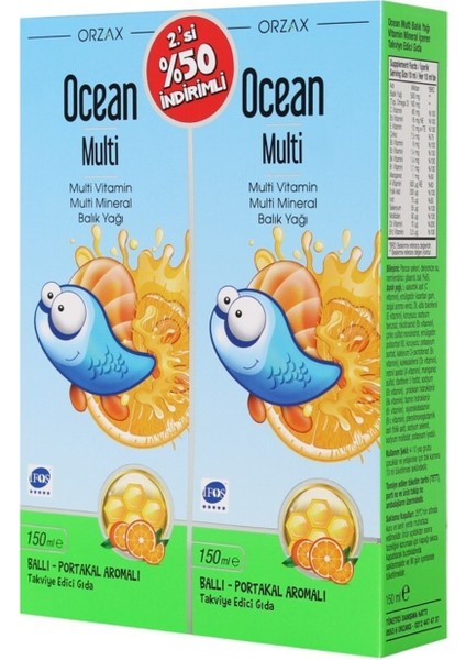 Ocean Multi Şurup Balık Yağı Bal ve Portakal Aromalı 150 ml 2'li Set