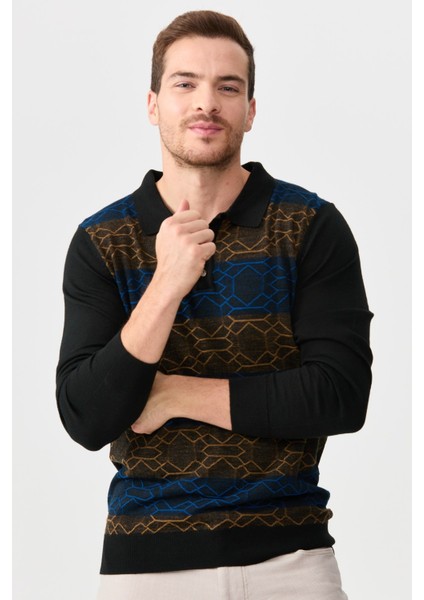 Erkek Polo Yaka Önü Desenli Kazak Siyah fiyatları
