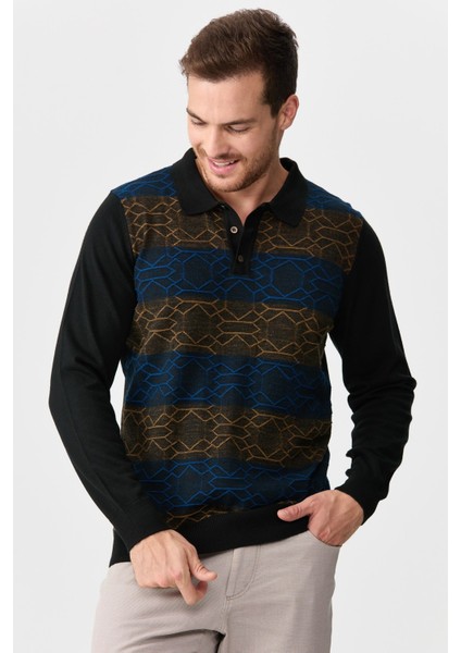 Erkek Polo Yaka Önü Desenli Kazak Siyah modelleri