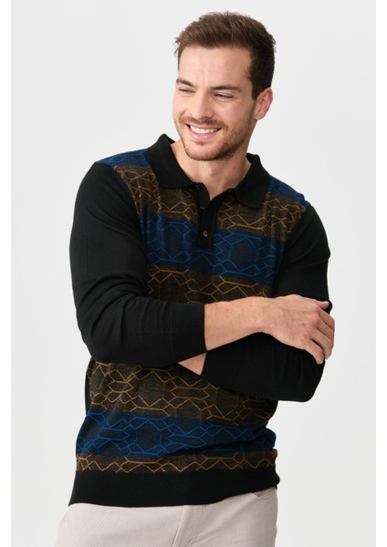 Erkek Polo Yaka Önü Desenli Kazak Siyah indirimleri