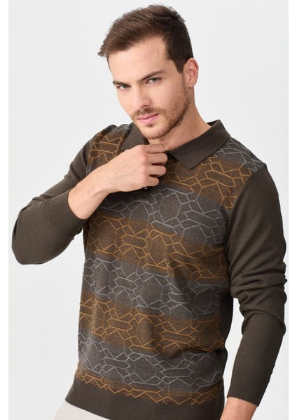 Erkek Polo Yaka Önü Desenli Kazak D.kahve