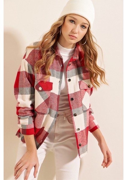 3854 Ekose Desen Çift Cepli Gömlek - Nar