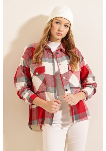 3854 Ekose Desen Çift Cepli Gömlek - Nar fiyatları