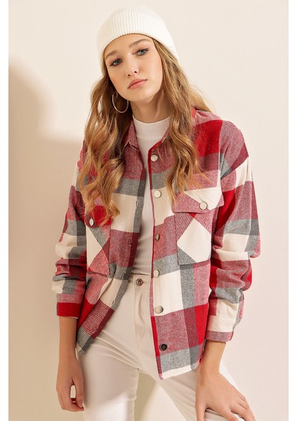 3854 Ekose Desen Çift Cepli Gömlek - Nar modelleri