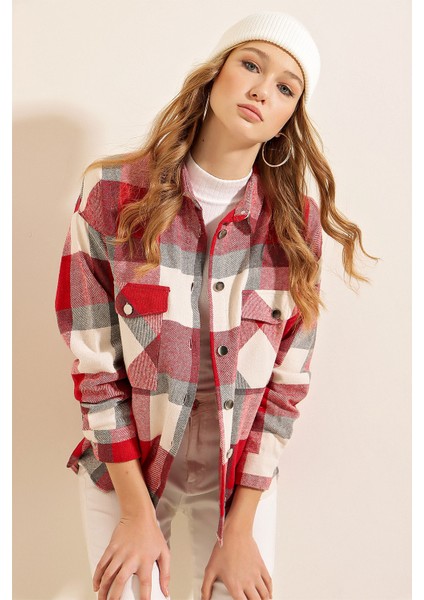 3854 Ekose Desen Çift Cepli Gömlek - Nar fırsatları