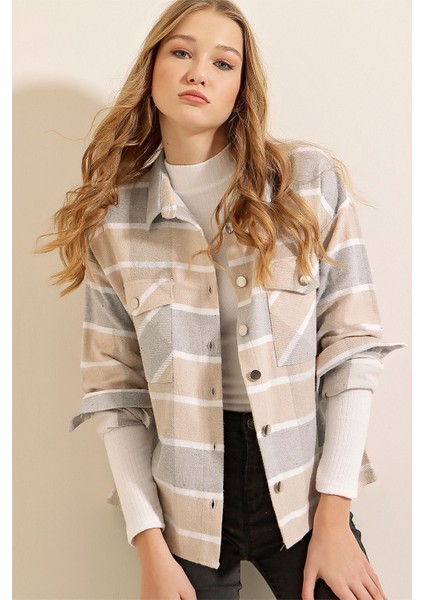 3854 Ekose Desen Çift Cepli Gömlek - Vizon