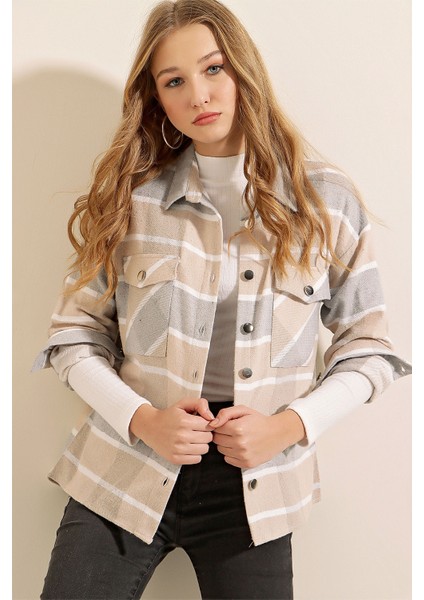 3854 Ekose Desen Çift Cepli Gömlek - Vizon fiyatları