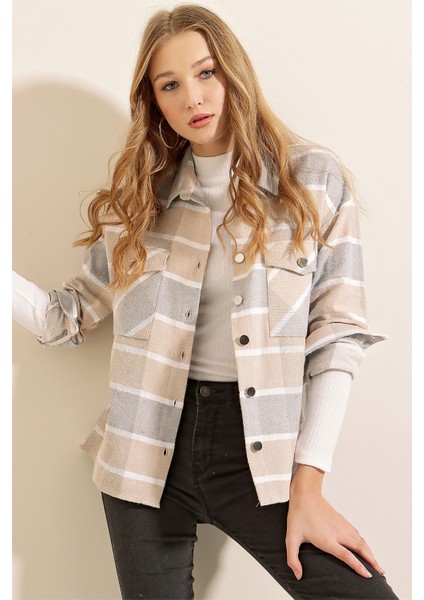 3854 Ekose Desen Çift Cepli Gömlek - Vizon modelleri