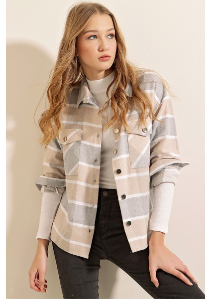 3854 Ekose Desen Çift Cepli Gömlek - Vizon fırsatları