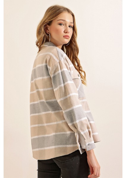 3854 Ekose Desen Çift Cepli Gömlek - Vizon indirimleri