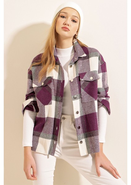 3854 Ekose Desen Çift Cepli Gömlek - Mor