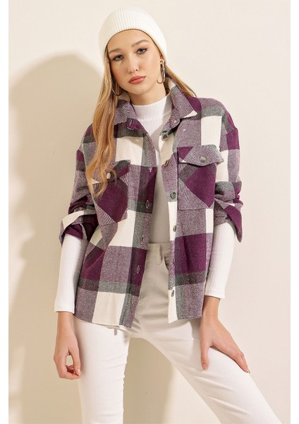 3854 Ekose Desen Çift Cepli Gömlek - Mor fiyatları