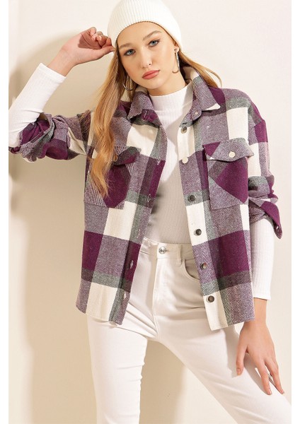 3854 Ekose Desen Çift Cepli Gömlek - Mor modelleri