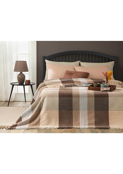 Madras Check Pamuklu Çift Kişilik Battaniye 200 x 220 cm Kahve-Bej