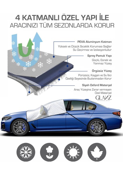Kar Yorganı, Don ve Buzlanma Önleyici Kalın Araba Cam Üstü Örtü Su Geçirmez Ön Yan Cam Koruma Örtüsü