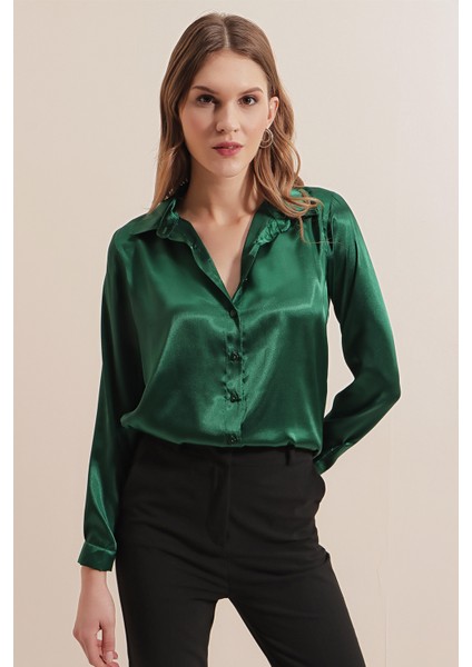 3964 Hafif Dökümlü Saten Gömlek - Zümrüt Yeşili