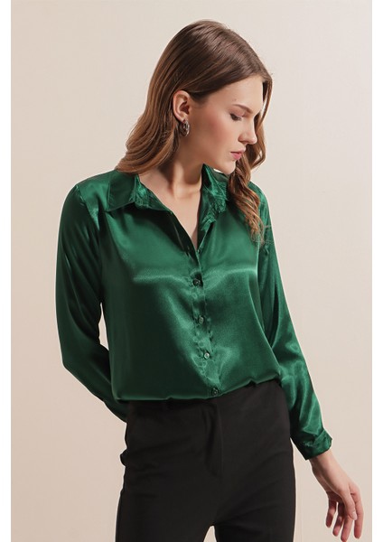 3964 Hafif Dökümlü Saten Gömlek - Zümrüt Yeşili fiyatları