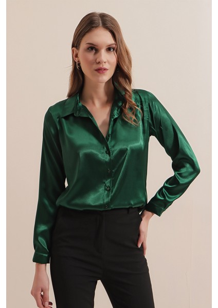 3964 Hafif Dökümlü Saten Gömlek - Zümrüt Yeşili fırsatları