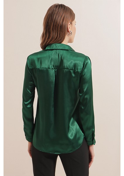 3964 Hafif Dökümlü Saten Gömlek - Zümrüt Yeşili indirimleri