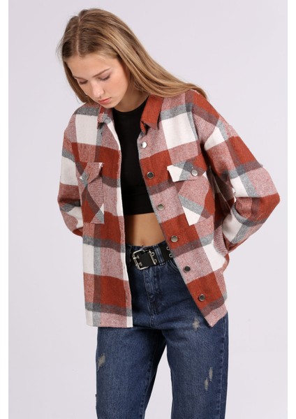 3854 Ekose Desen Çift Cepli Gömlek - Kiremit modelleri