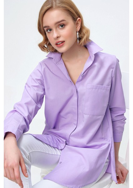 3879 Oversize Cepli Gömlek - Lila