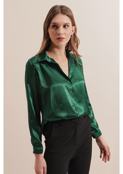 3964 Hafif Dökümlü Saten Gömlek - Zümrüt Yeşili modelleri