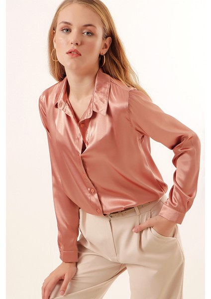 3964 Hafif Dökümlü Saten Gömlek - Camel