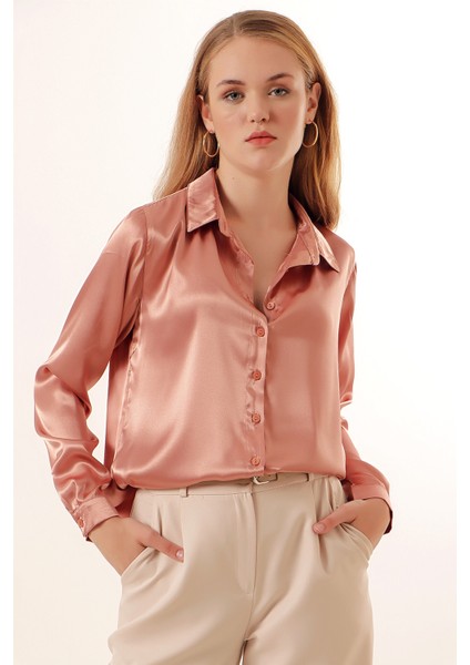 3964 Hafif Dökümlü Saten Gömlek - Camel fiyatları