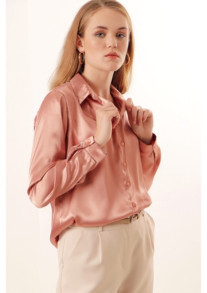 3964 Hafif Dökümlü Saten Gömlek - Camel modelleri