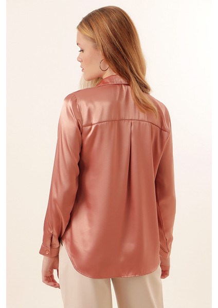 3964 Hafif Dökümlü Saten Gömlek - Camel indirimleri