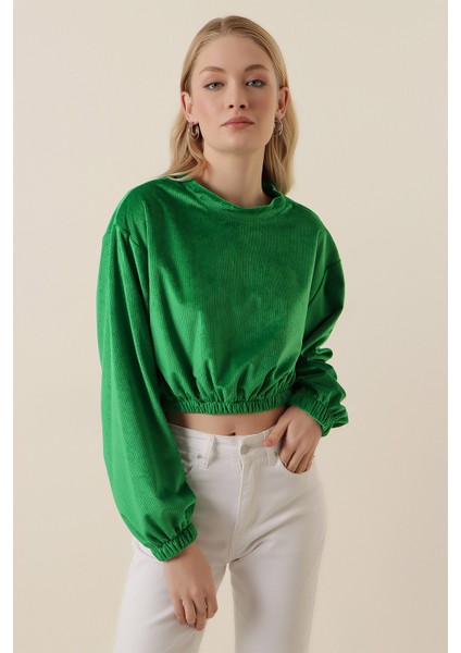 55392 Kadife Crop Bluz - Yeşil