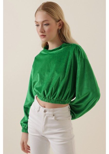 55392 Kadife Crop Bluz - Yeşil