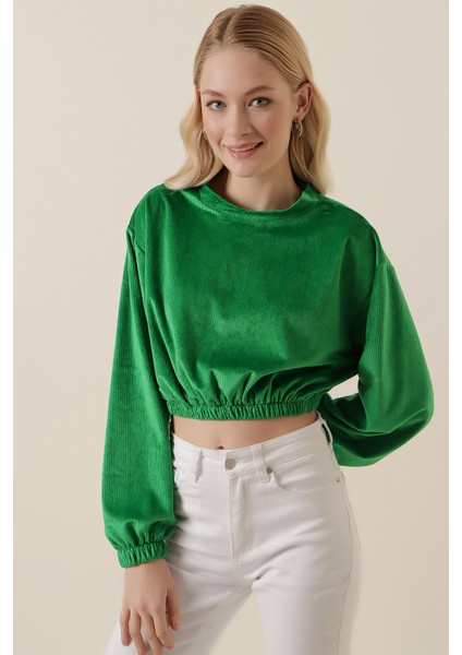 55392 Kadife Crop Bluz - Yeşil