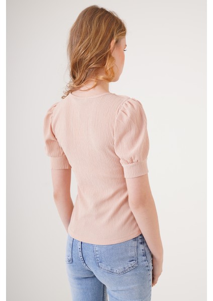 0409 Kare Yaka Örme Bluz - Bisküvi indirimleri