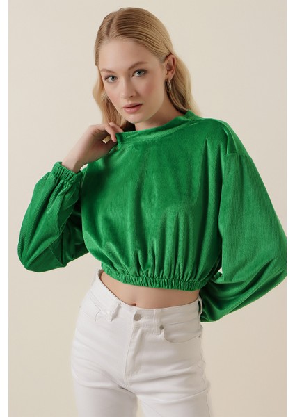 55392 Kadife Crop Bluz - Yeşil fırsatları
