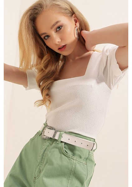 Kadın Beyaz Kare Yaka Örme Bluz - Truvakar Kol Günlük Stil Rahat Kullanım indirimleri