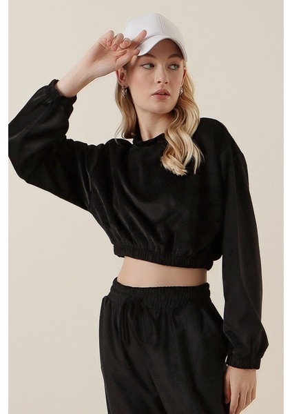 55392 Kadife Crop Bluz - Siyah