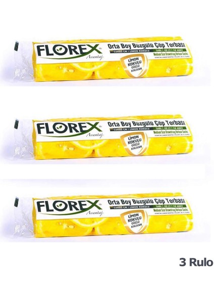 40 Litre Büzgülü Limon Kokulu Sarı Çöp Torbası Poşeti / 55 x 60 Cm. - 10 Adetlik 3 Rulo