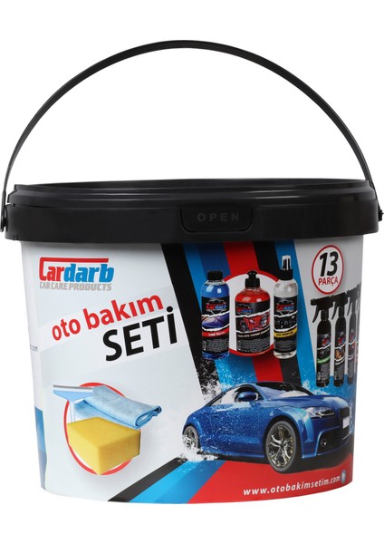 Oto Bakım Seti 13 Parça 500 ml Cilalı Oto Şampuan ve 10 Lt Yıkama Kovası İçerir