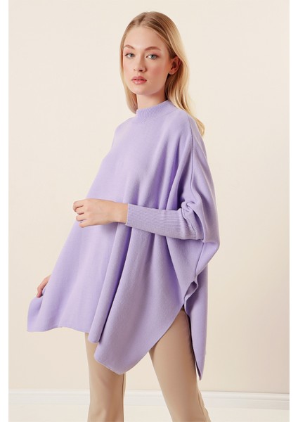 15783 Yırtmaçlı Panço Kazak - Lila fiyatları