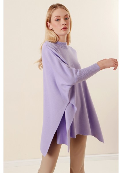 15783 Yırtmaçlı Panço Kazak - Lila modelleri