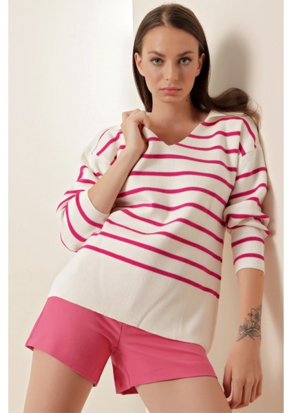 15778 Çizgili Oversize Kazak - Fuşya