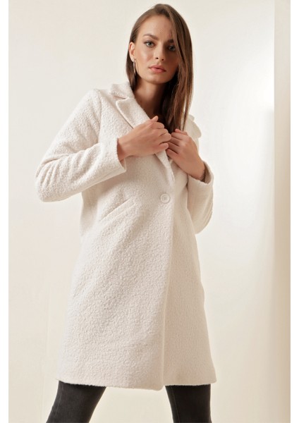 9082 Oversize Kaşe Kaban - Beyaz
