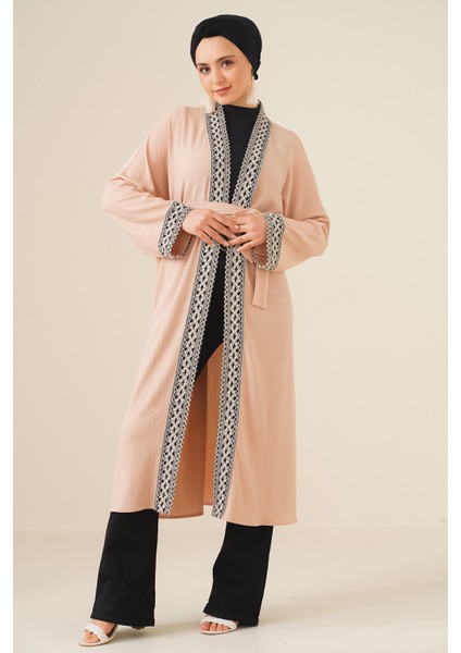 5865 Nakışlı Örme Uzun Kimono - Bisküvi