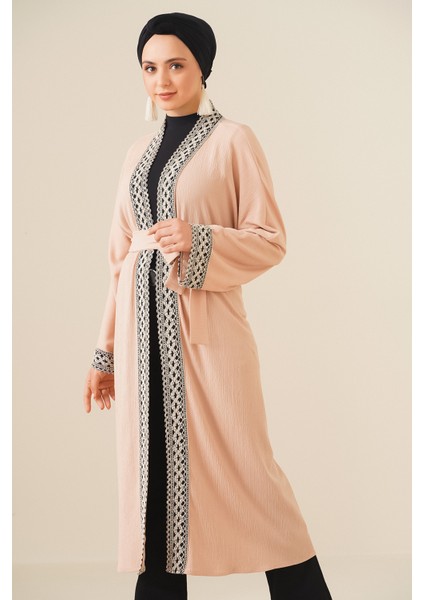 5865 Nakışlı Örme Uzun Kimono - Bisküvi