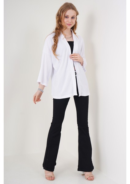 5862 Örme Kimono - Beyaz