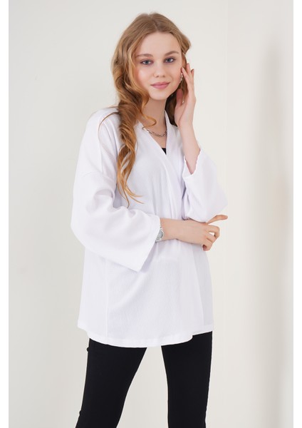 5862 Örme Kimono - Beyaz