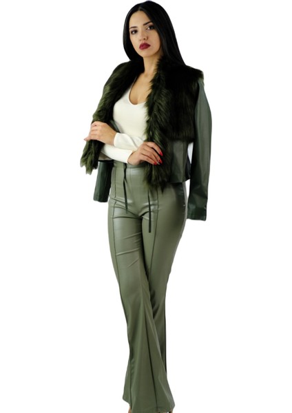 Deri Yakası Kürklü Ceket Koyu Yeşil